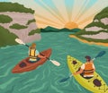 Couple on kayak rowing down to river on sunset. Water adventure sport vector posters set. Man and woman rafting Royalty Free Stock Photo