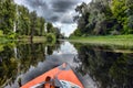 Couple kayaking together in river.  Tourists kayakers touring the river Royalty Free Stock Photo