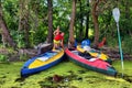 Couple kayaking together in river. Tourists kayakers touring the river Royalty Free Stock Photo