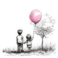 Couple kids holds a pink balloon, playing in the park, valentine theme