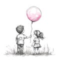 Couple kids holds a pink balloon, playing in the park, valentine theme