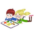 Couple child learns with the help of a multimedia presentation on a tablet