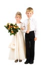 Couple of kids wearing fancy attire with bouquet