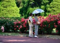 A couple of Kimono girls at rose garden, Kyoto Japan Royalty Free Stock Photo
