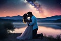 A couple kisses under the stars. Romantic couple kissing passionately under the starry sky,