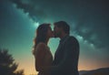 A couple kisses under the stars. Romantic couple kissing passionately under the starry sky,