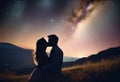 A couple kisses under the stars. Romantic couple kissing passionately under the starry sky,