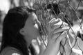 Couple kissing through fence Royalty Free Stock Photo