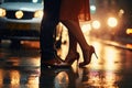 couple kissing on the glowing city lights background, love concept, legs close up, valentines day card Royalty Free Stock Photo