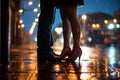 couple kissing on the glowing city lights background, love concept, legs close up, valentines day card Royalty Free Stock Photo