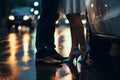 couple kissing on the glowing city lights background, love concept, legs close up, valentines day card Royalty Free Stock Photo