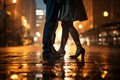 couple kissing on the glowing city lights background, love concept, legs close up, valentines day card Royalty Free Stock Photo