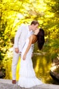 Couple kissing in honeymoon outdoor park Royalty Free Stock Photo