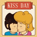 Couple Kissing In Kiss Day In Retro Design Card, Vector Illustration