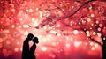 A couple kissing under a tree with pink lights, AI Royalty Free Stock Photo
