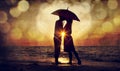 Couple kissing under umbrella at the beach in sunset. Photo in o Royalty Free Stock Photo