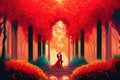 Couple kissing woman in red wedding dress in the Garden of Eden Royalty Free Stock Photo