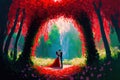 Couple kissing woman in red wedding dress in the Garden of Eden