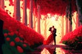 Couple kissing woman in red wedding dress in the Garden of Eden Royalty Free Stock Photo