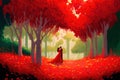 Couple kissing woman in red wedding dress in the Garden of Eden Royalty Free Stock Photo