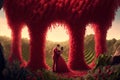 Couple kissing woman in red wedding dress in the Garden of Eden Royalty Free Stock Photo