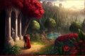 Couple kissing woman in red wedding dress in the Garden of Eden Royalty Free Stock Photo