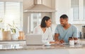 Couple, kitchen and documents for budget, finance and smile with laptop, phone and writing notes in home. Man, woman and Royalty Free Stock Photo