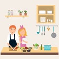 Couple in the kitchen using electronic tablet for cooking.illustration EPS10.