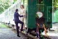 Couple on a ladder of wagon Royalty Free Stock Photo