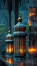 a couple of lanterns are lit up in front of a window Royalty Free Stock Photo