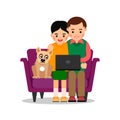 Couple with laptop and dog. Young man and woman are sitting on couch and watching news on internet. Puppy nearby and also looks at