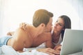 Couple with laptop, streaming film and relax at home with technology, wifi and happy with chill Valentines day date