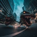 A couple of large monsters walking down a street. Generative AI image.