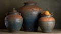 a couple of large vases sitting next to each other on top of a wooden table next to a bowl of fruit on top of a table