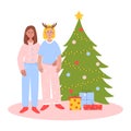 Couple of lesbian girls hug around a decorated Christmas tree and gifts. Concept of LGBTQ Christmas and New Year. Vector