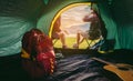 Couple lifestyle travel camping together in forest, Happy and relax