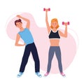 Couple lifting dumbbells athletes characters