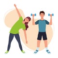 Couple lifting dumbbells athletes characters
