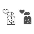 Couple line and solid icon. Kissing silhouette, lovers kiss and heart shape symbol, outline style pictogram on white