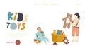 Couple of Little Boy and Girl Playing with Toys Sitting on Floor Landing Page Template. Cute ChildrenBrother and Sister