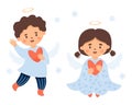 Couple little Christmas angels. Cute boy and girl with heart. Vector illustration in cartoon style. Xmas kids collection