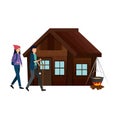 couple with log cabin with wood fire