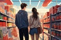 Couple looking for food in a grocery store. Vector illustration, Rear view of young couple shopping in supermarket illustration,