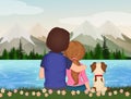 Couple looks at the view sitting on the shore with the little dog