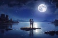 Couple in love admiring the night stars, romantic atmosphere. Date by moonlight Royalty Free Stock Photo