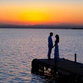 Couple in love back light silhouette at lake Royalty Free Stock Photo