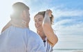 Couple, love and beach vacation with a hug, love and happiness together on a summer blue sky travel destination. Smile Royalty Free Stock Photo