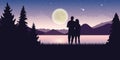 Couple in love at beautiful lake at night with full moon and starry sky mystic landscape Royalty Free Stock Photo