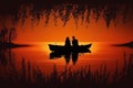 A couple in love. Boat in lake evening sunset.