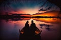 A couple in love. Boat in lake evening sunset.